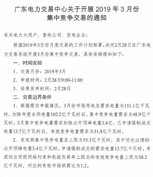 廣東2019年3月集中競爭交易：電量需求31.8億千瓦時(shí)