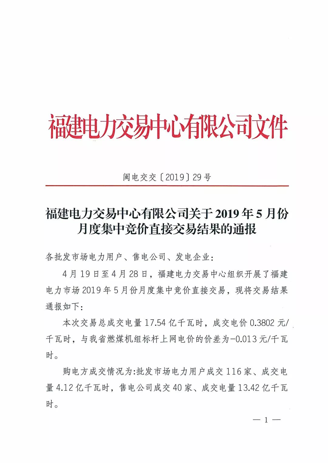 福建2019年5月份月度集中競價直接交易結(jié)果：價差-0.013元/千瓦時